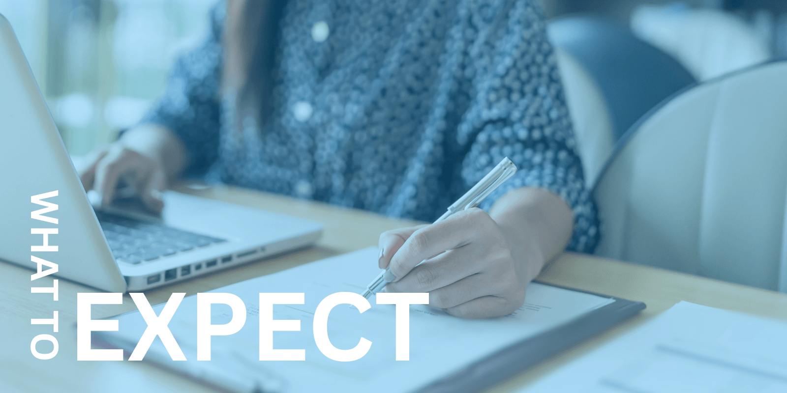 A woman working on a laptop and writing something down with her left hand. Text overlay on the image: What to expect (from our podcast editing services)